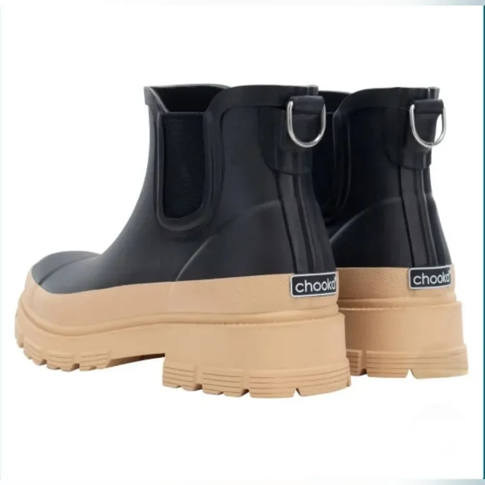 Chooka Women's Dual Tone Waterproof Rubber Rain Boot Black Tan NIB Size 9 - Picture 2 of 6